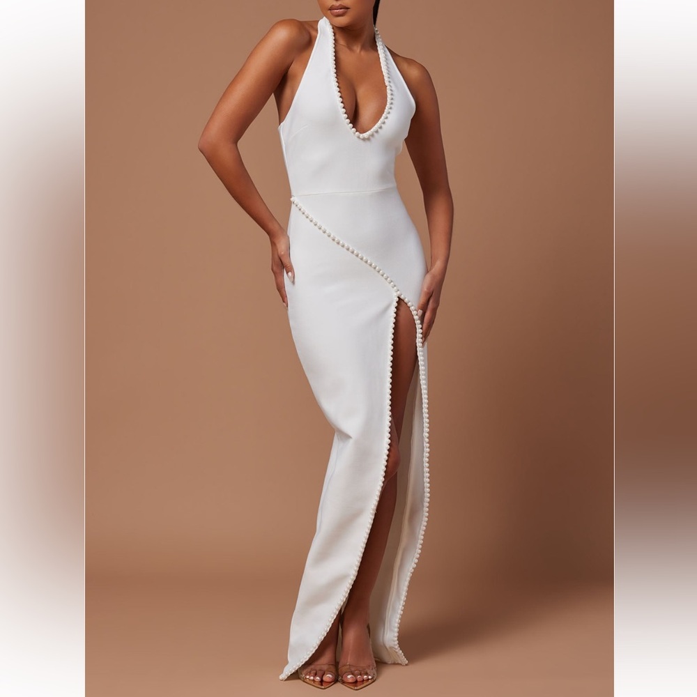 White Bodycon Maxi Dress With Pearl Trim and High Slit